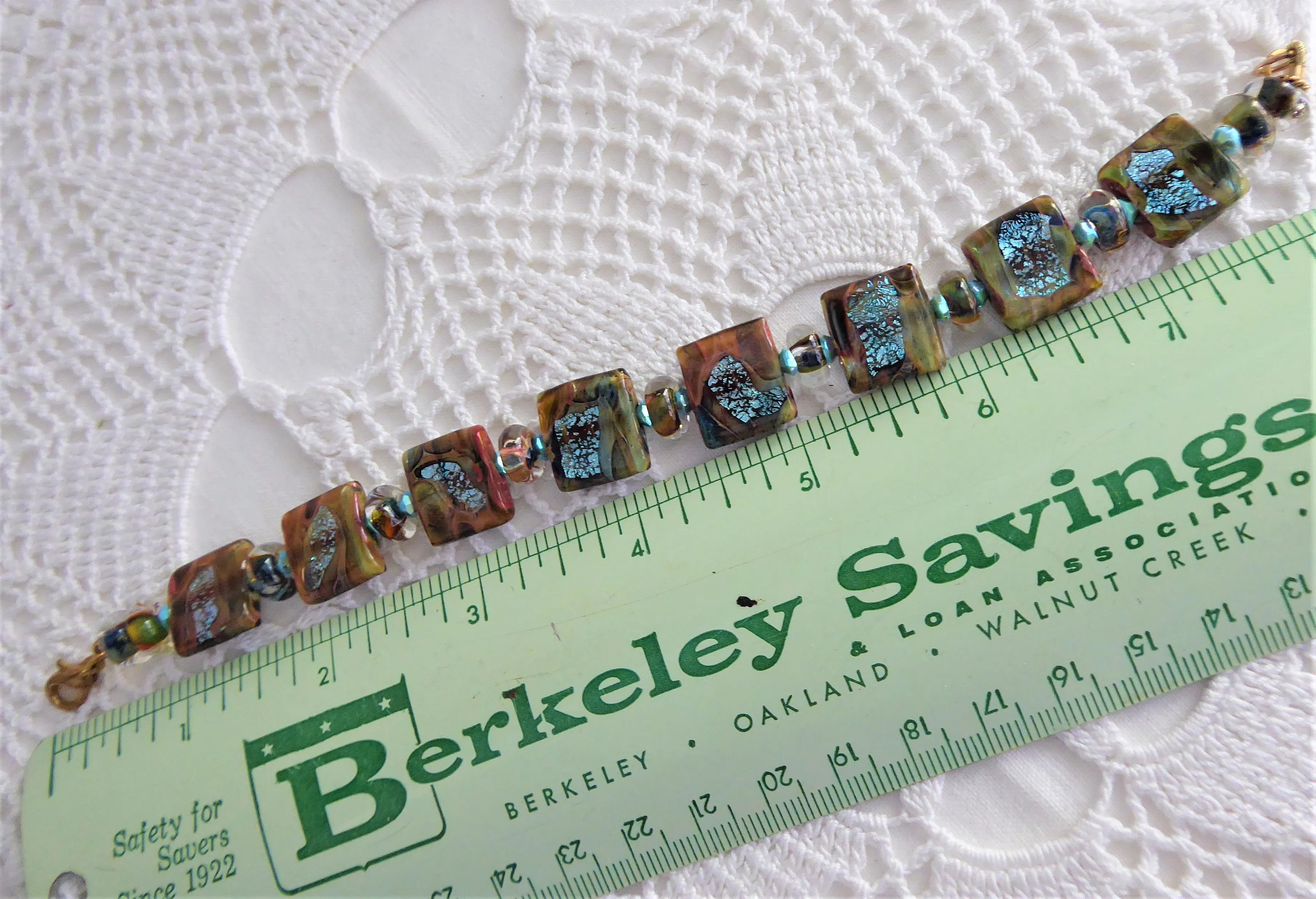 Art Glass Brown Turquoise Foil Tile Bracelet Artisan Glass Maker Square Size 7.5