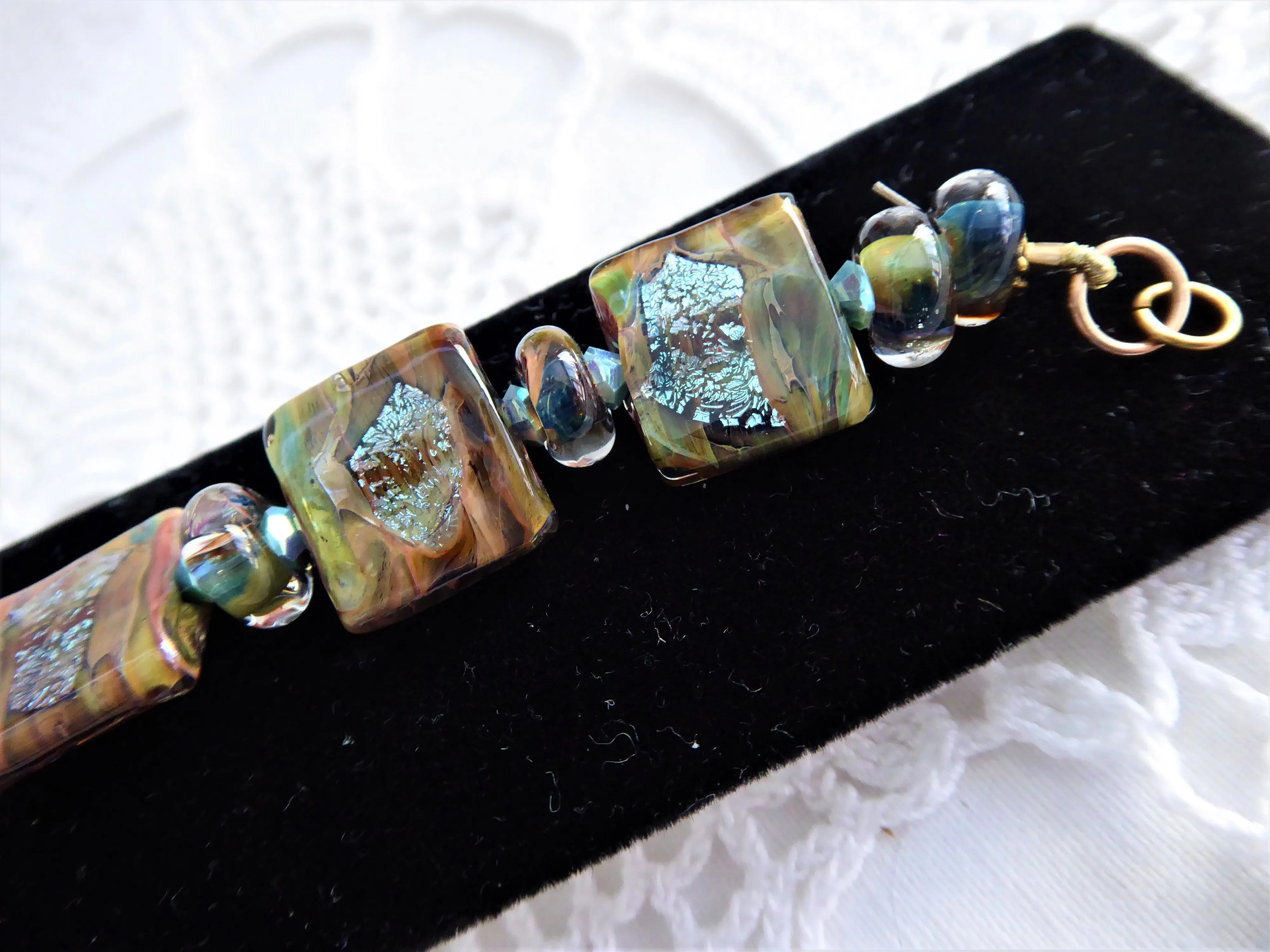 Art Glass Brown Turquoise Foil Tile Bracelet Artisan Glass Maker Square Size 7.5