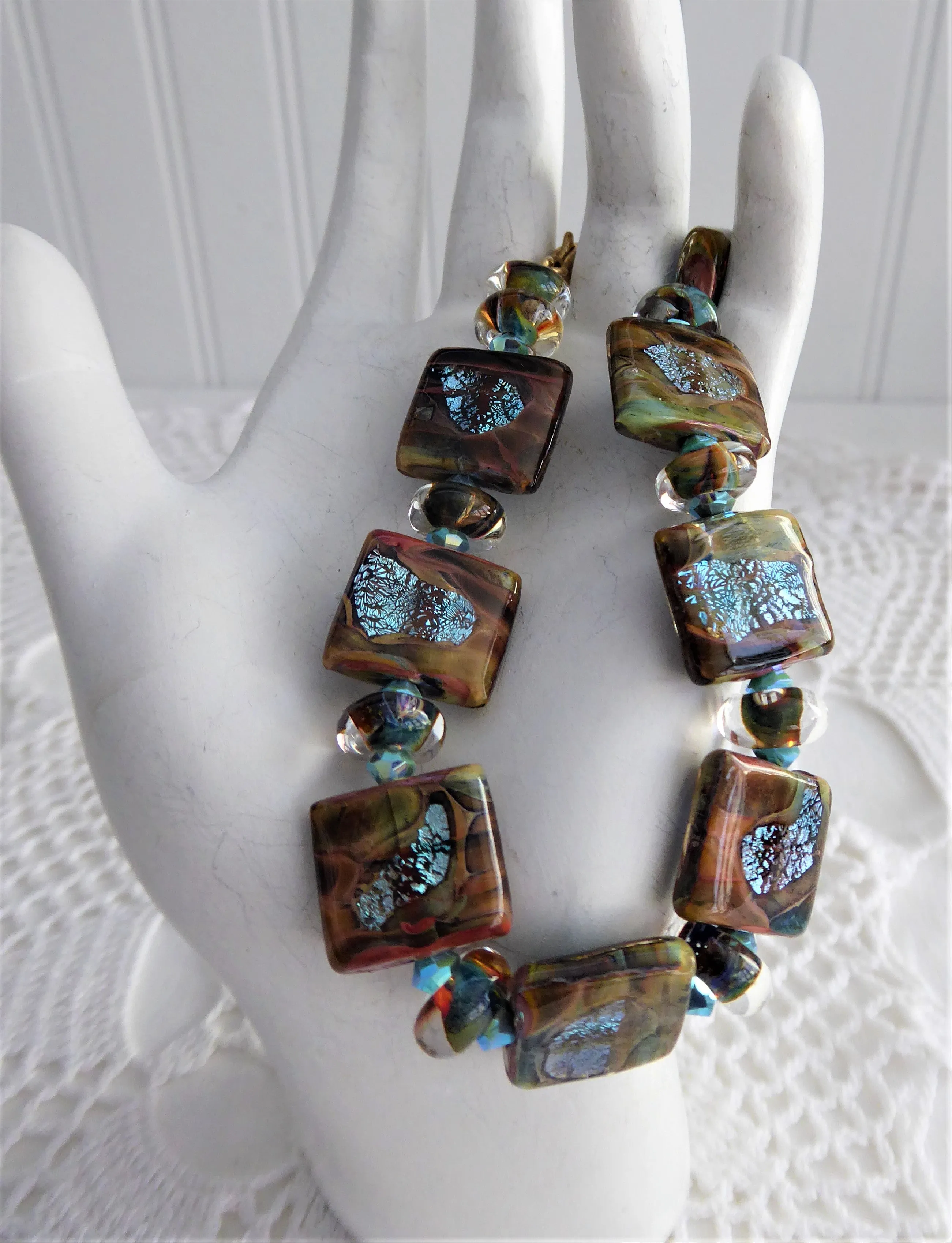 Art Glass Brown Turquoise Foil Tile Bracelet Artisan Glass Maker Square Size 7.5