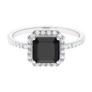 Asscher Cut Black Spinel Halo Engagement Ring with Diamond