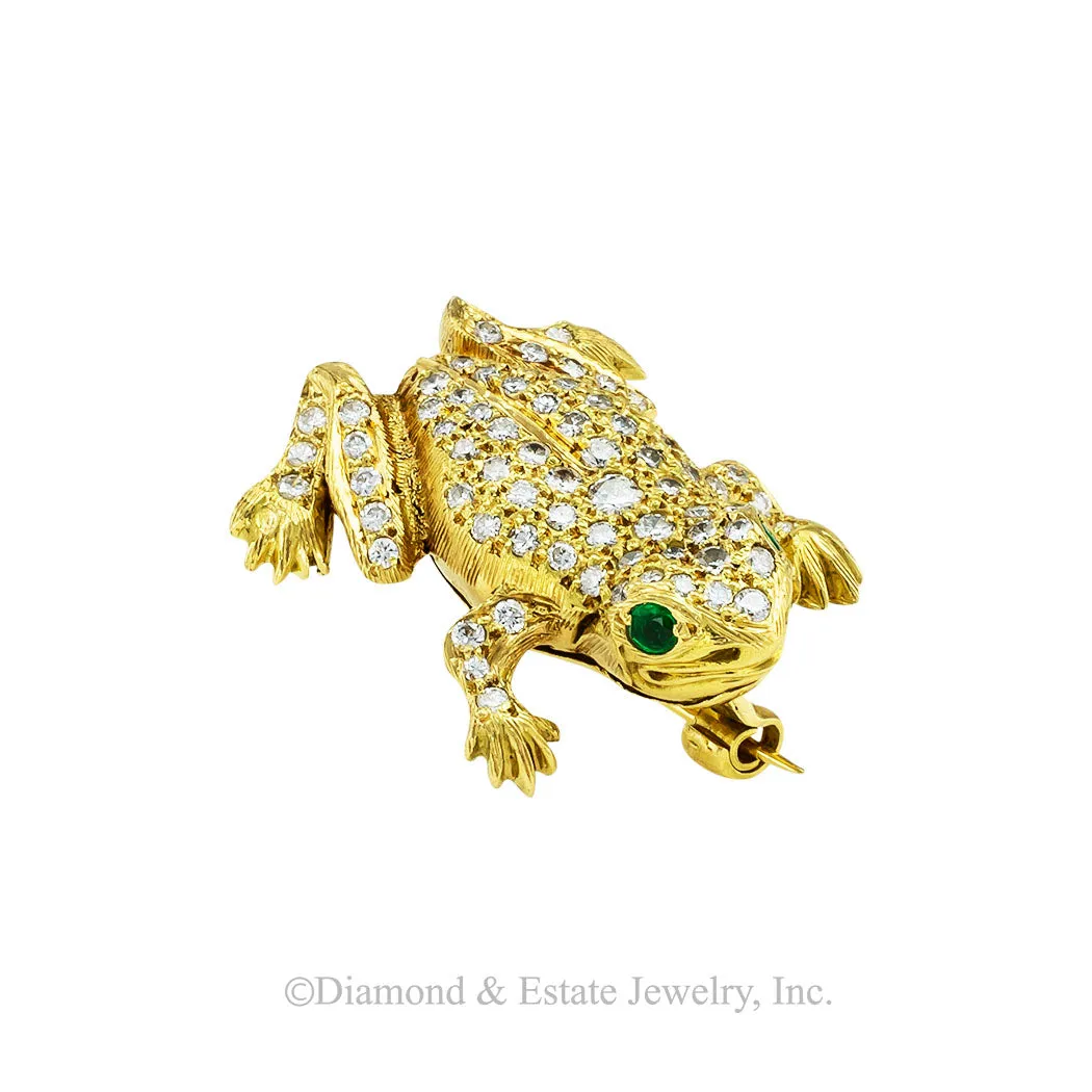 Austrian Diamond Emerald Gold Frog Brooch