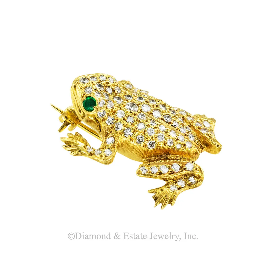 Austrian Diamond Emerald Gold Frog Brooch