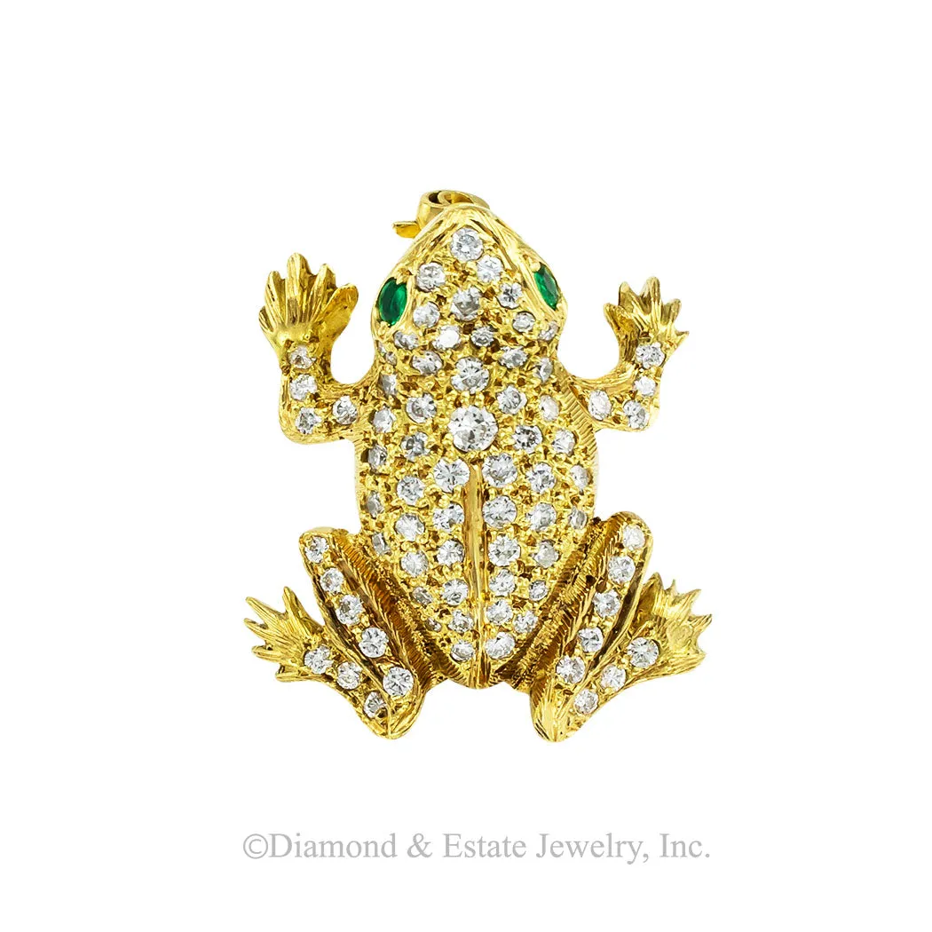 Austrian Diamond Emerald Gold Frog Brooch