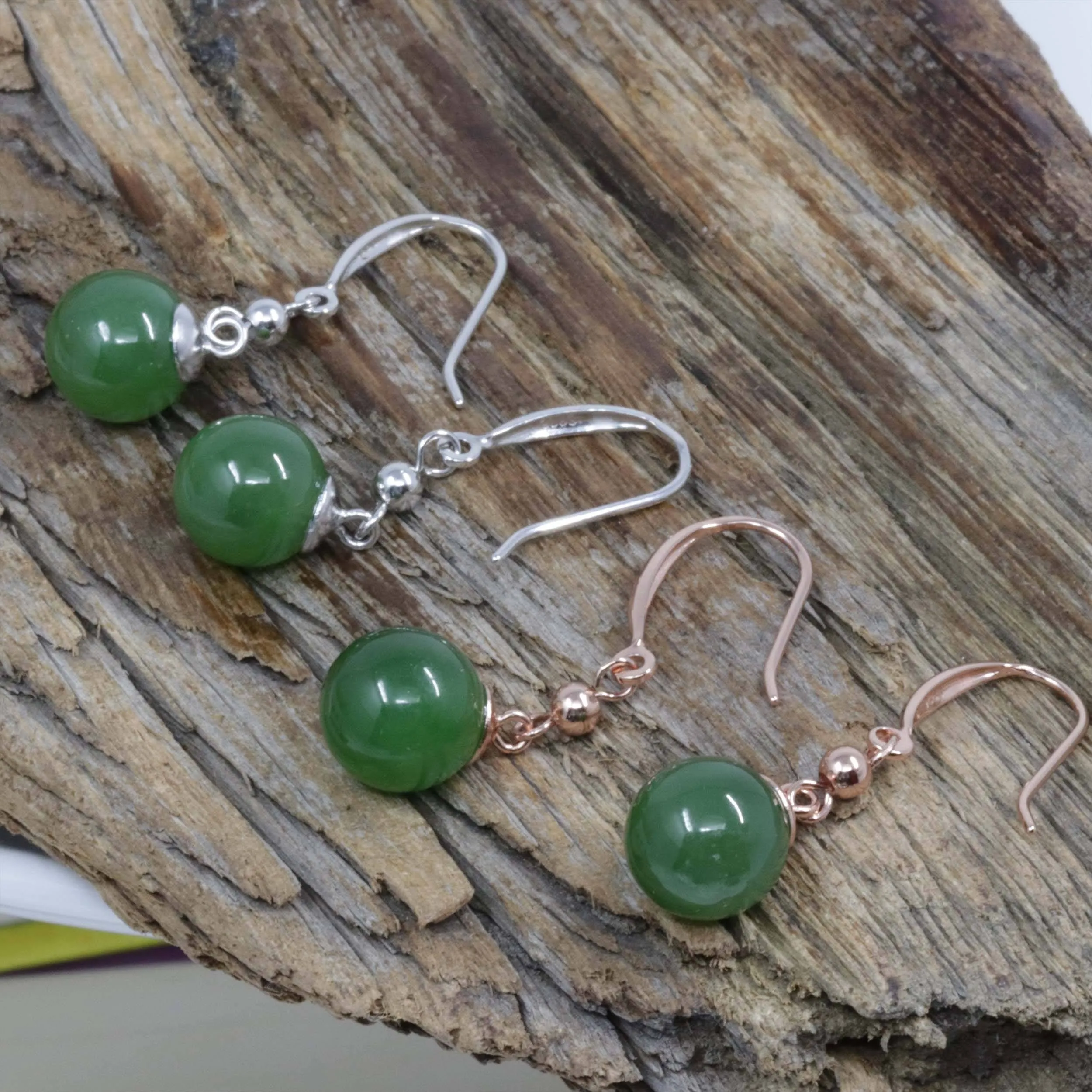 Baikalla "Classic Bead Earrings" Sterling Silver Genuine Nephrite Green Jade Dangle Earrings