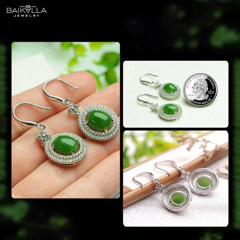 Baikalla™ "Classic Double Halo" Sterling Silver Genuine Green Nephrite Jade Dangle Earrings