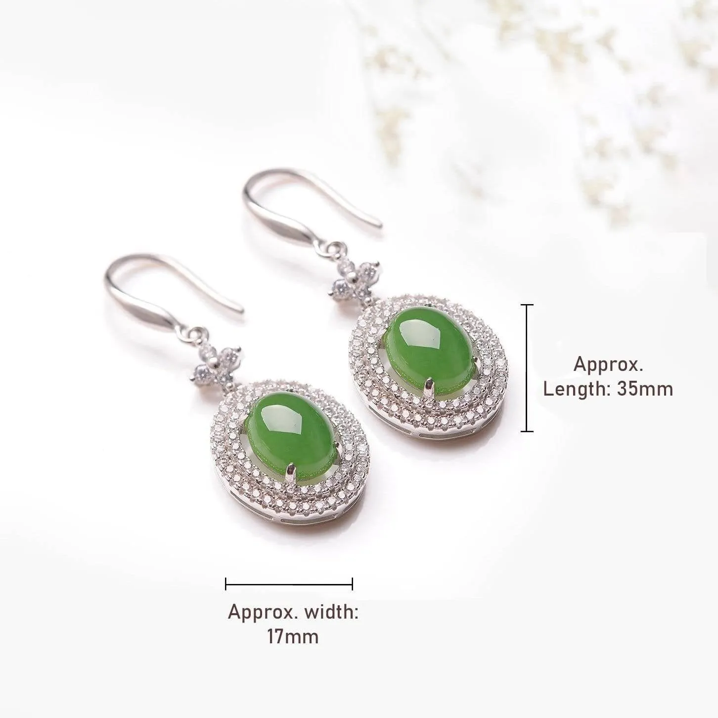 Baikalla™ "Classic Double Halo" Sterling Silver Genuine Green Nephrite Jade Dangle Earrings