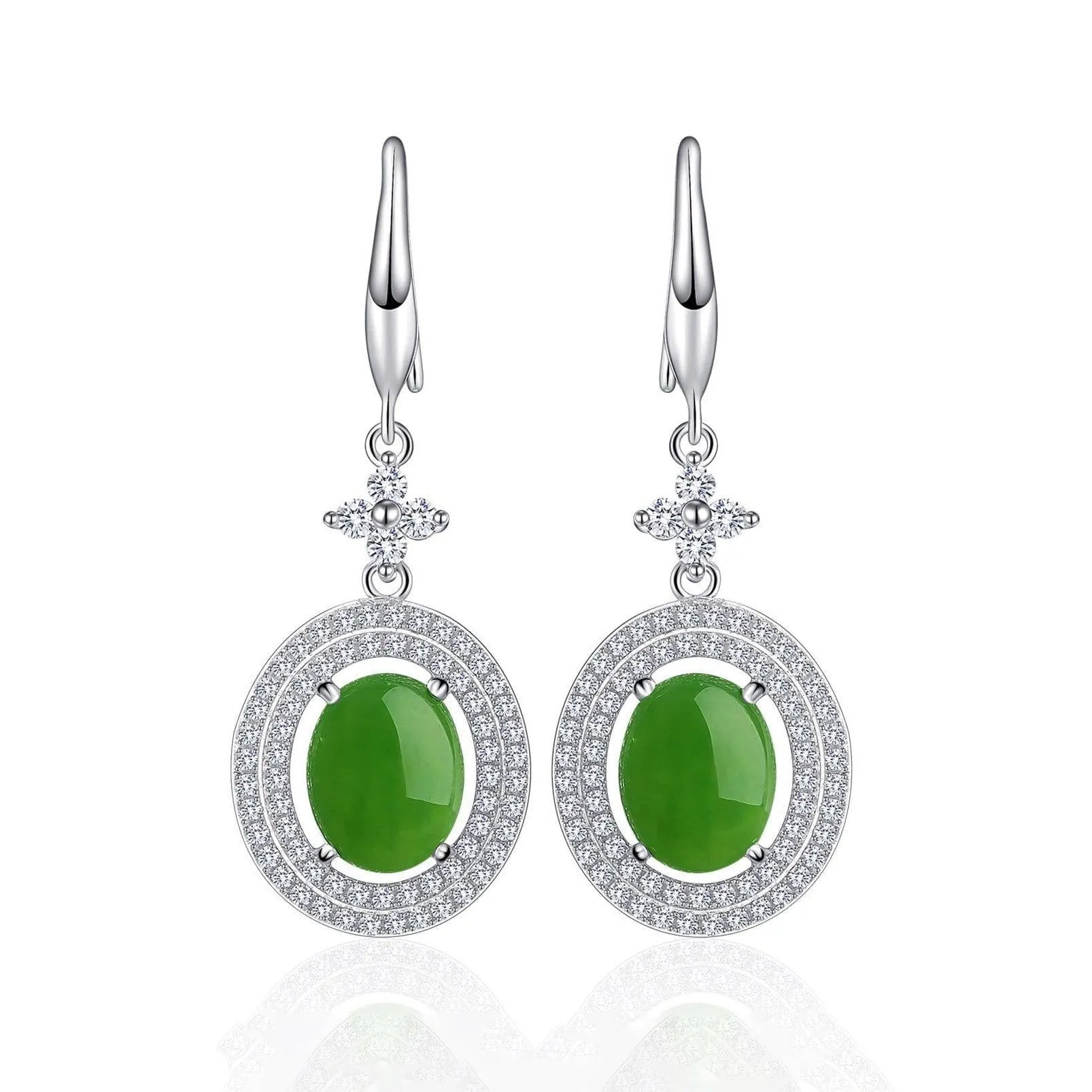 Baikalla™ "Classic Double Halo" Sterling Silver Genuine Green Nephrite Jade Dangle Earrings