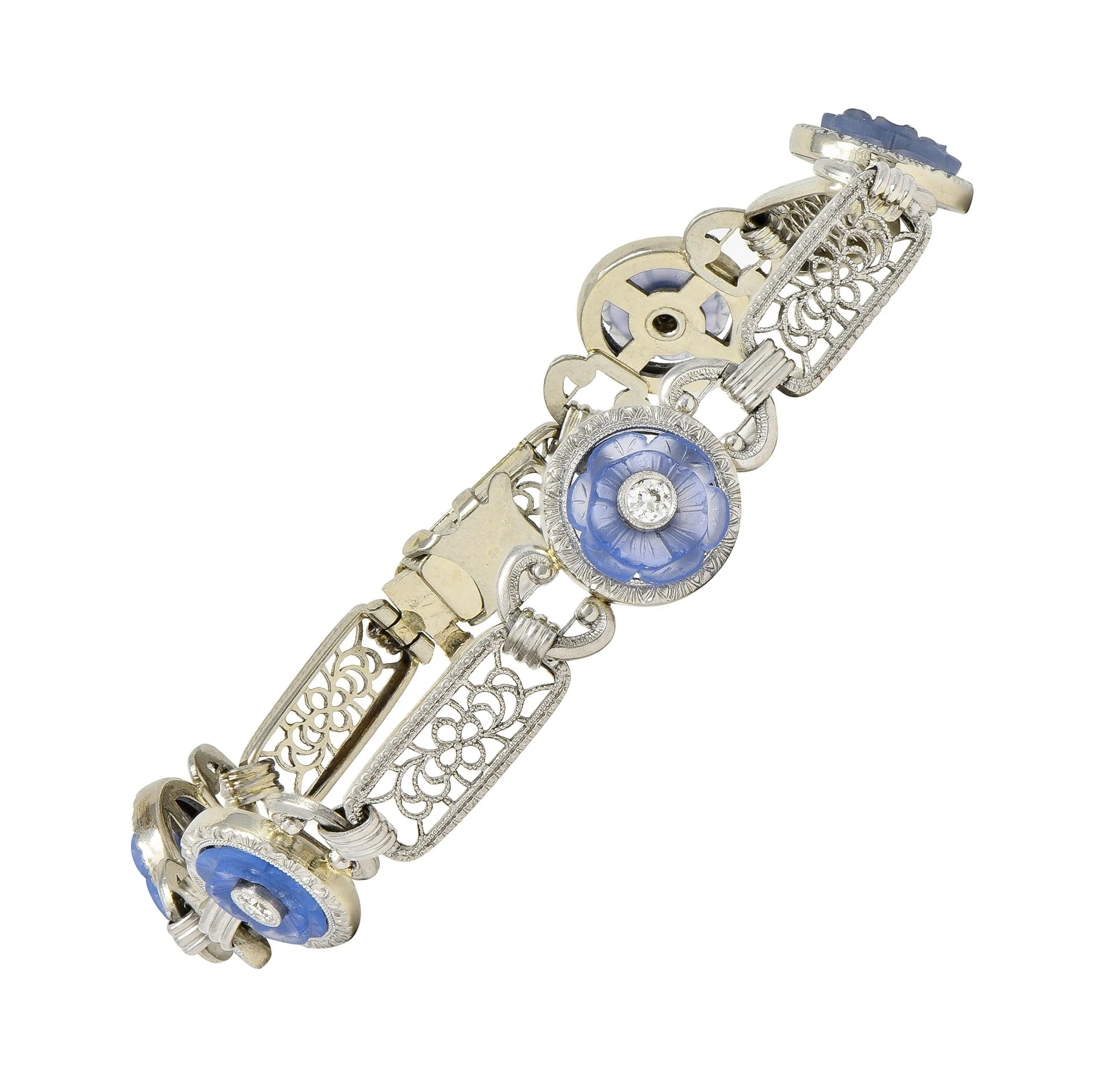 Bippart & Co. Art Deco Diamond Blue Camphor Glass Vintage Floral Link Bracelet