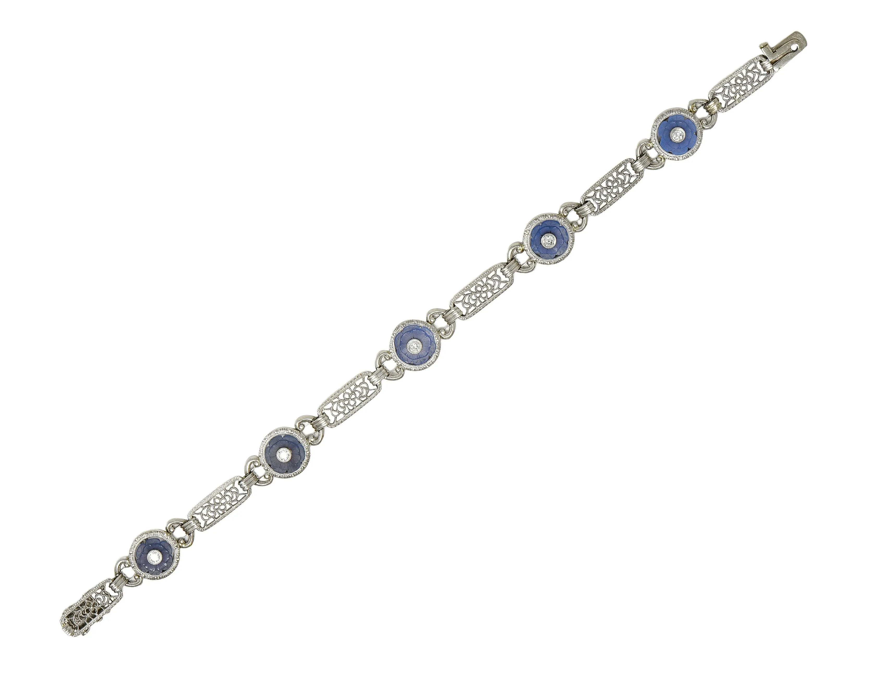 Bippart & Co. Art Deco Diamond Blue Camphor Glass Vintage Floral Link Bracelet