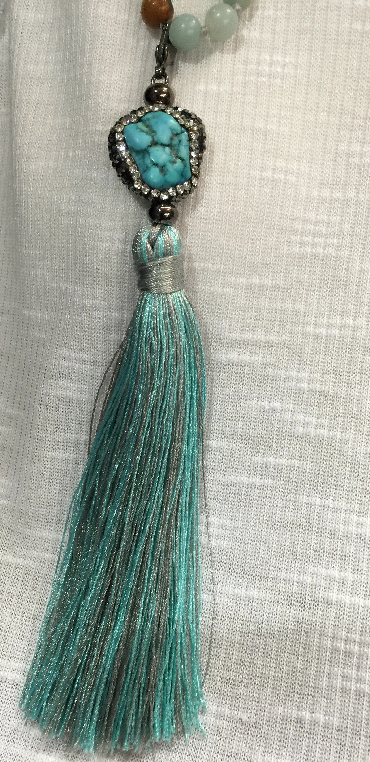 Blue Agate and Turquoise Long Tassel Necklace