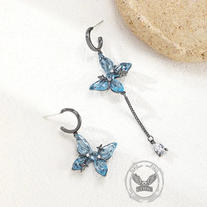 Blue Butterfly Tassel Asymmetrical Drop Earrings