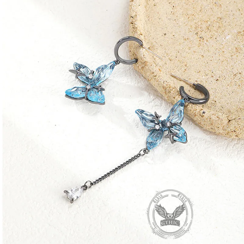 Blue Butterfly Tassel Asymmetrical Drop Earrings