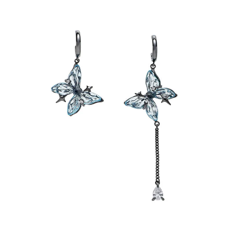 Blue Butterfly Tassel Asymmetrical Drop Earrings