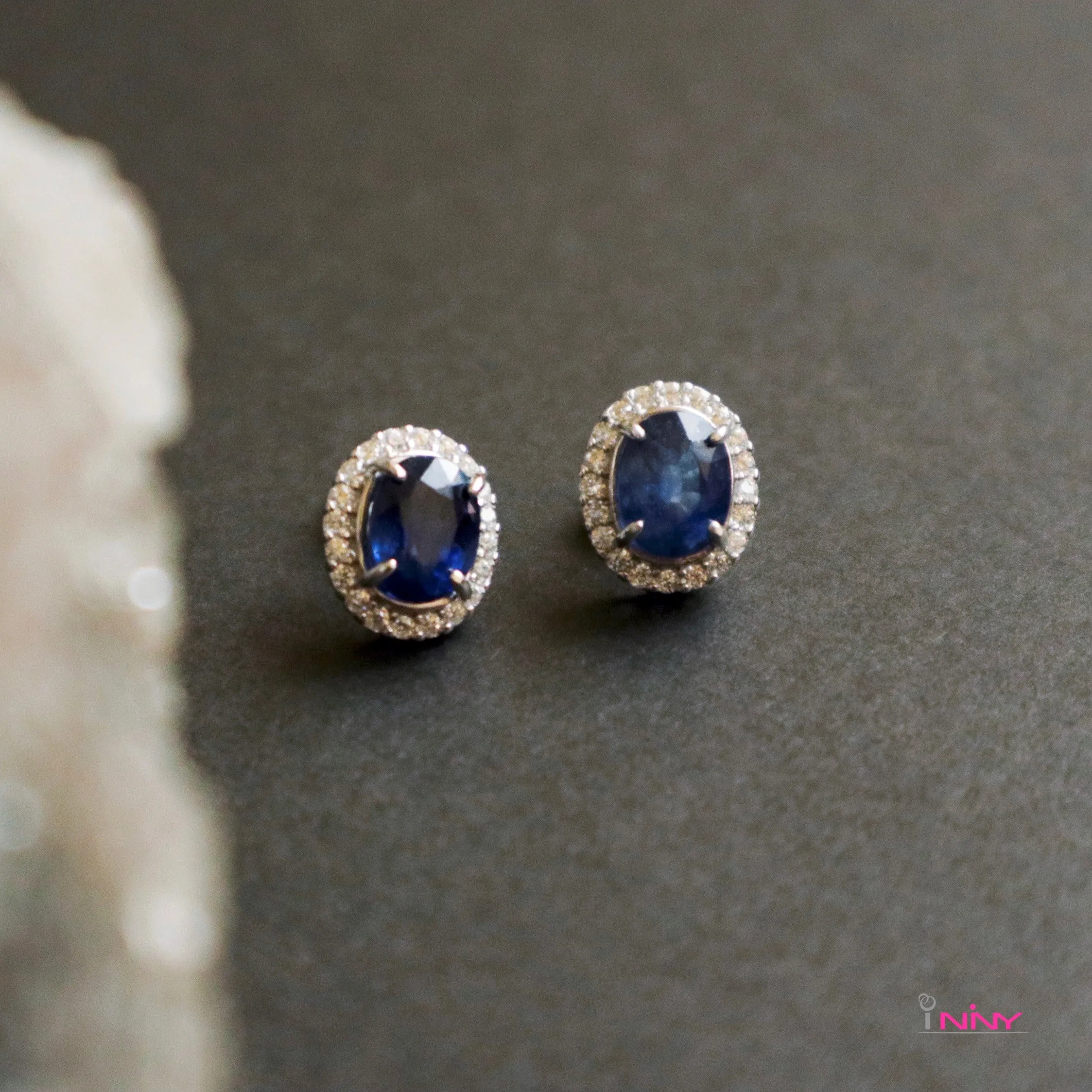 Blue Sapphire with Surrounding Sapphire Stud Earrings