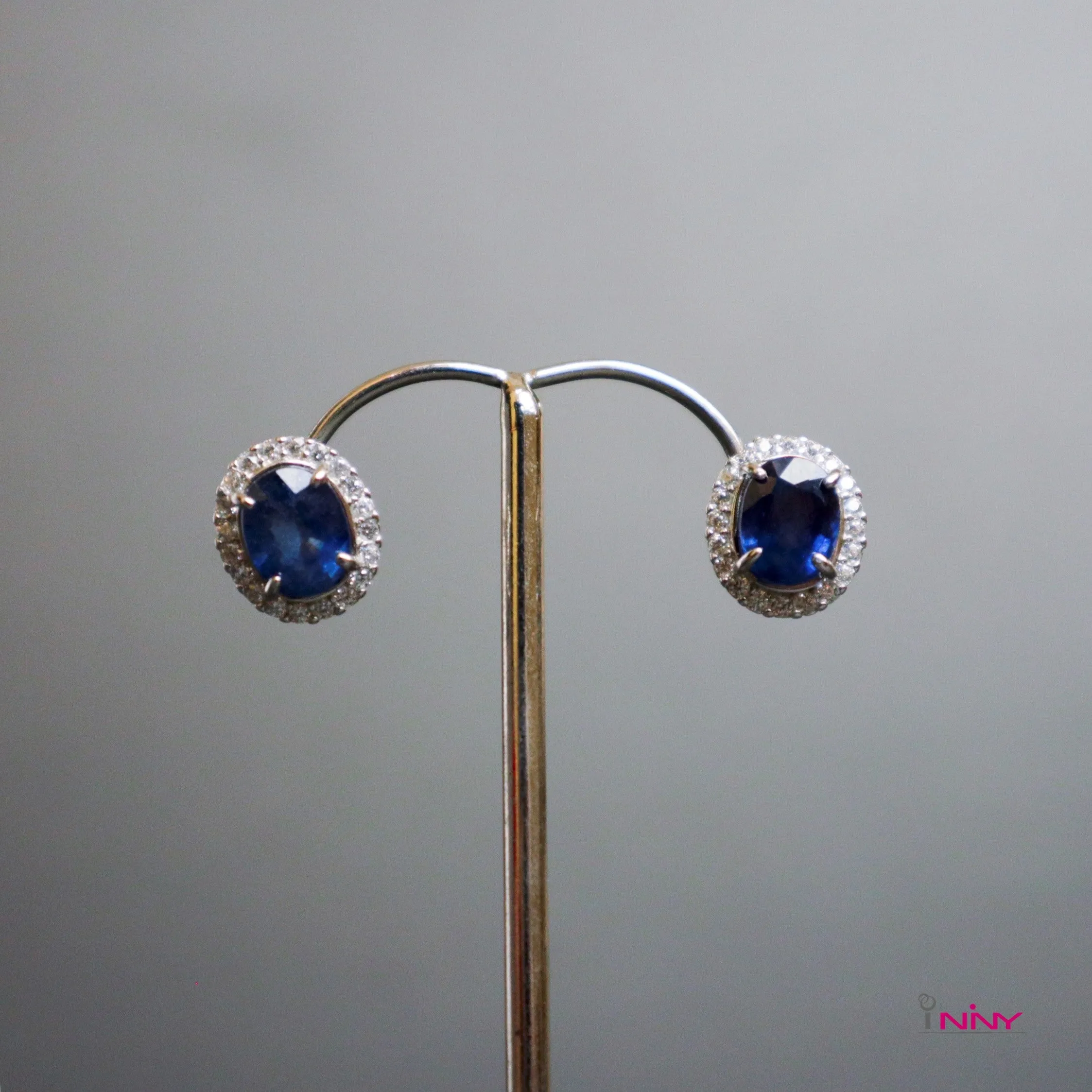 Blue Sapphire with Surrounding Sapphire Stud Earrings