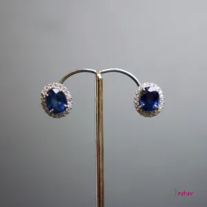 Blue Sapphire with Surrounding Sapphire Stud Earrings