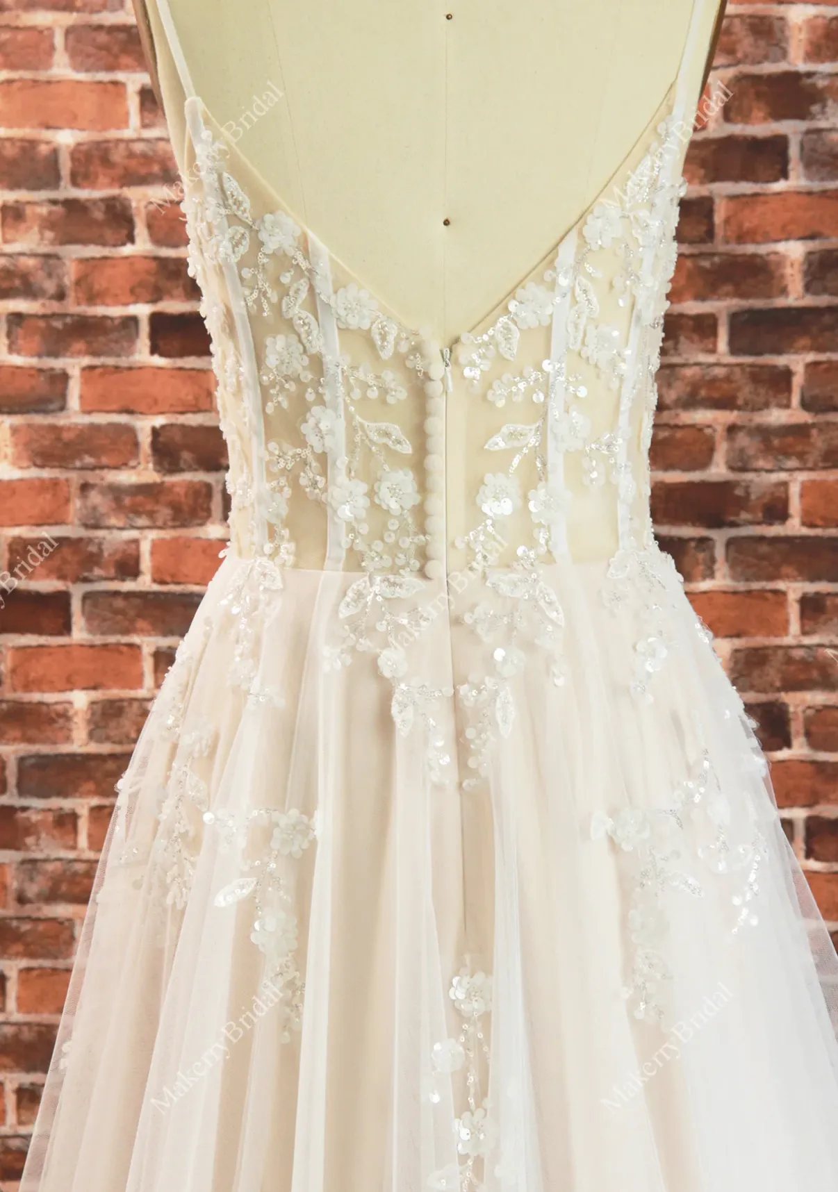 Boho See Through Lace Wedding Dress With 3D beaded Flowers