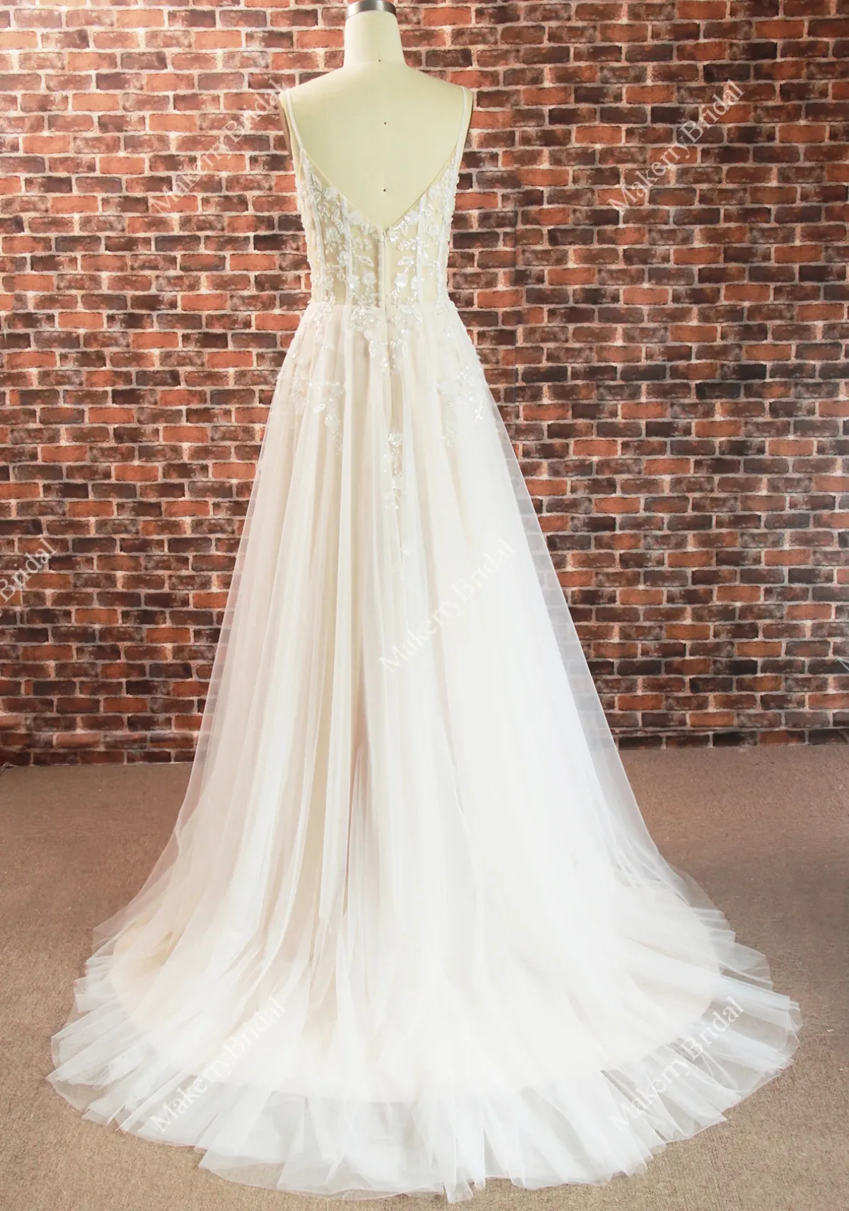 Boho See Through Lace Wedding Dress With 3D beaded Flowers