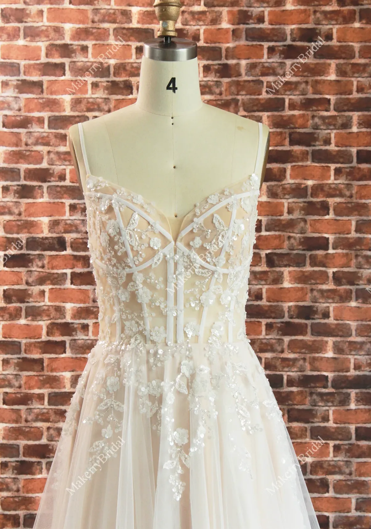 Boho See Through Lace Wedding Dress With 3D beaded Flowers