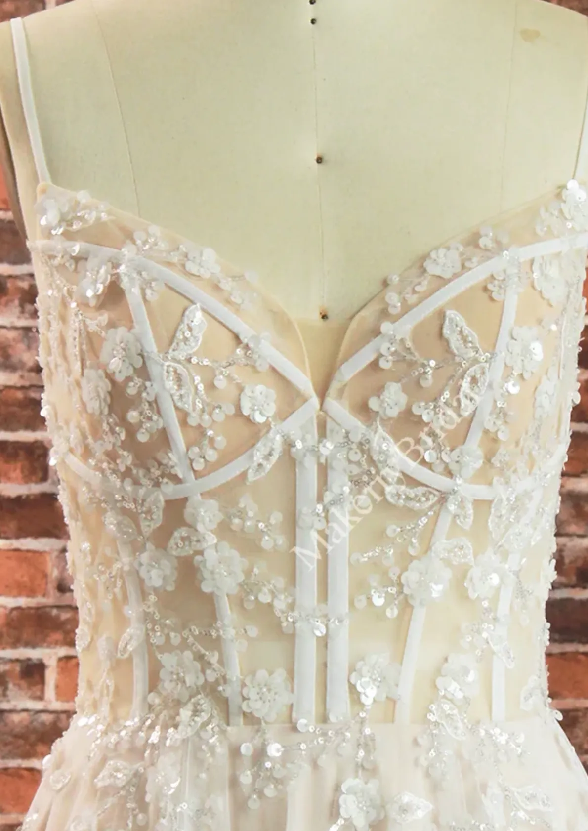 Boho See Through Lace Wedding Dress With 3D beaded Flowers