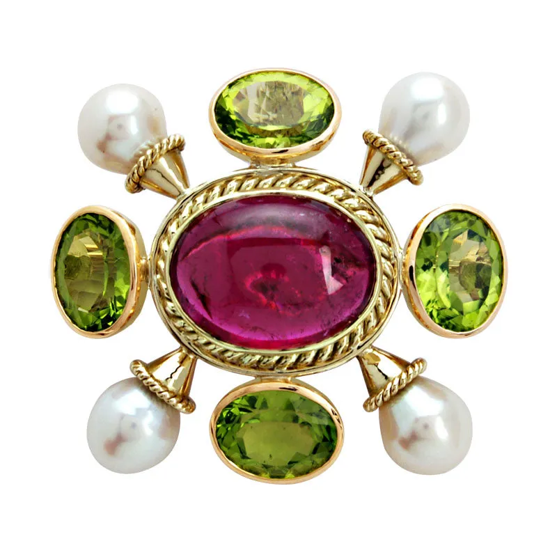 Brooch- Peridot, Pearl And Rubellite