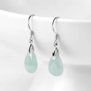 Buddha Stones 925 Sterling Silver Jade Water Drop Pattern Luck Prosperity Dangle Earrings