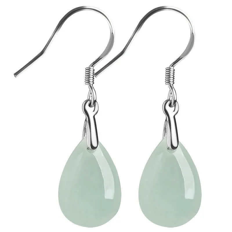 Buddha Stones 925 Sterling Silver Jade Water Drop Pattern Luck Prosperity Dangle Earrings