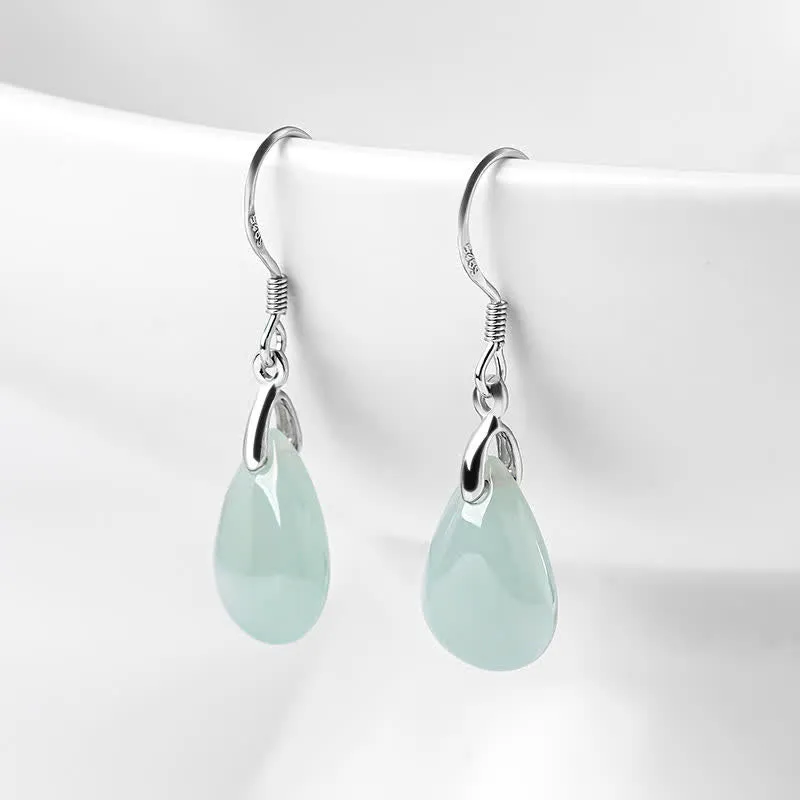 Buddha Stones 925 Sterling Silver Jade Water Drop Pattern Luck Prosperity Dangle Earrings