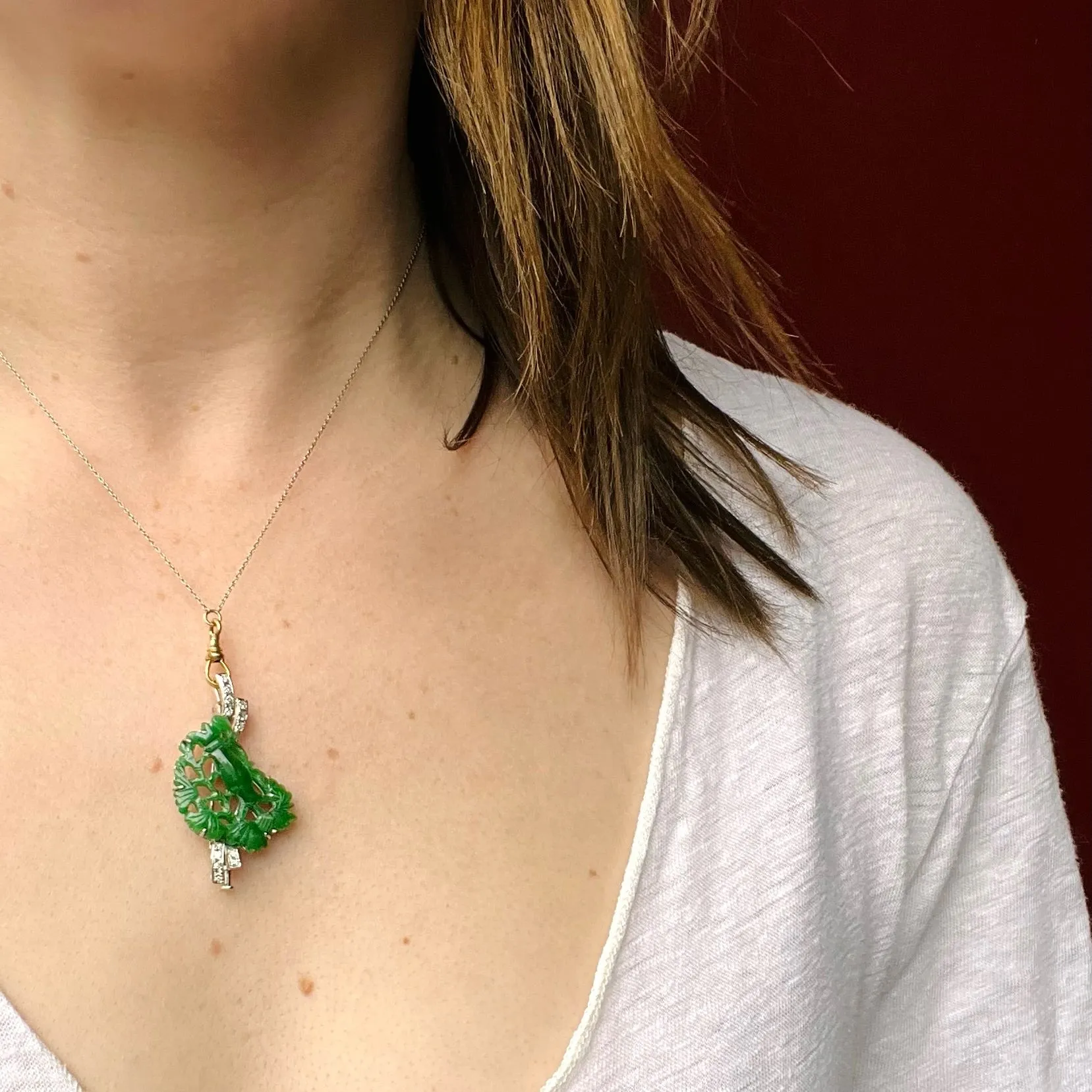 Carved Green Jade & Diamonds in Mid-Century Gold Brooch