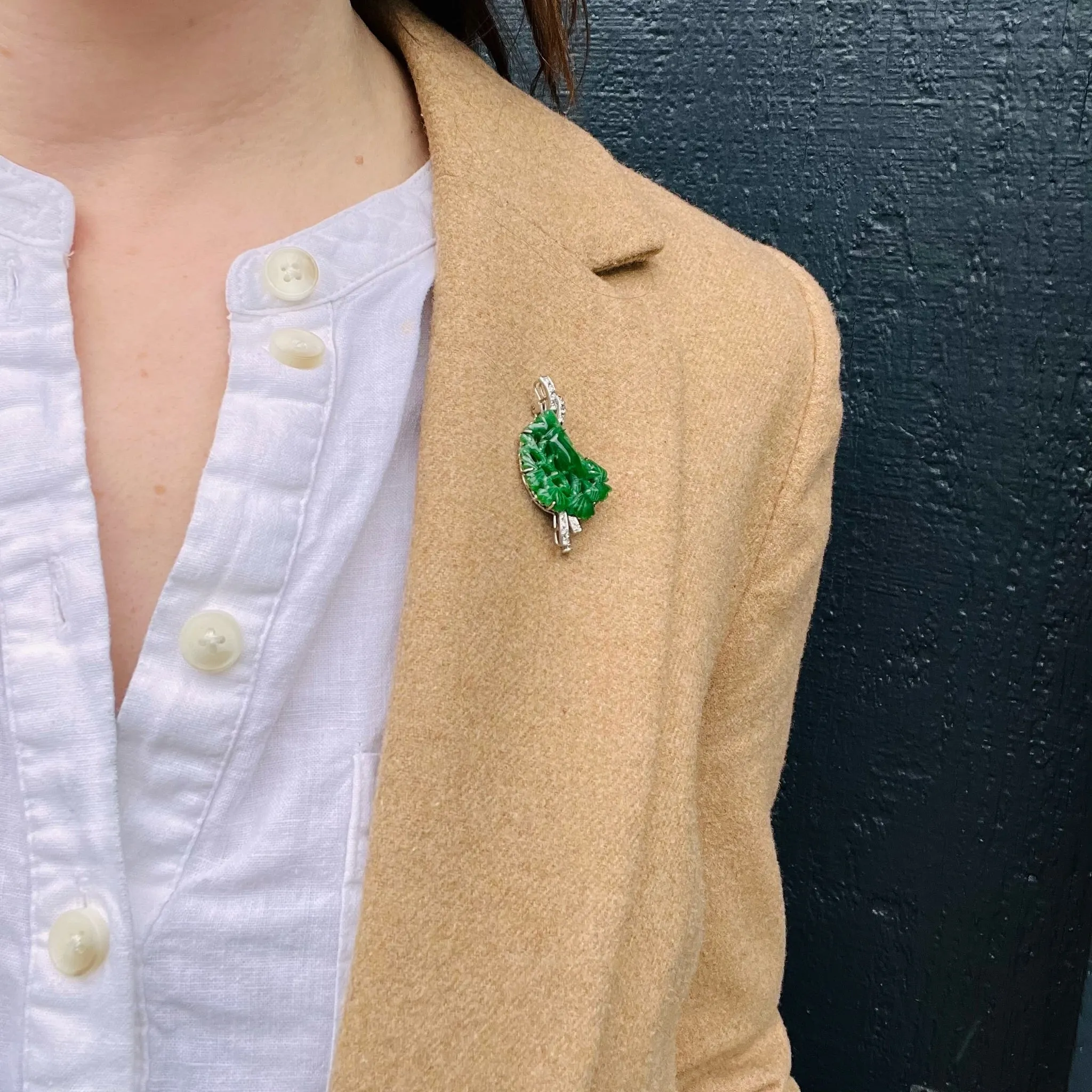 Carved Green Jade & Diamonds in Mid-Century Gold Brooch