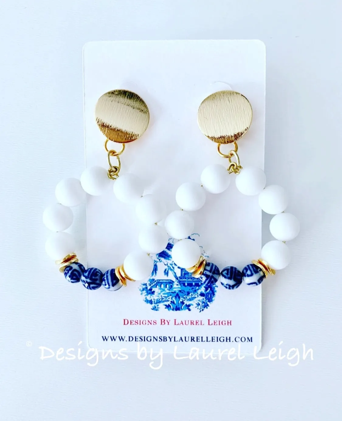 Chinoiserie White Jade Beaded Post Hoops