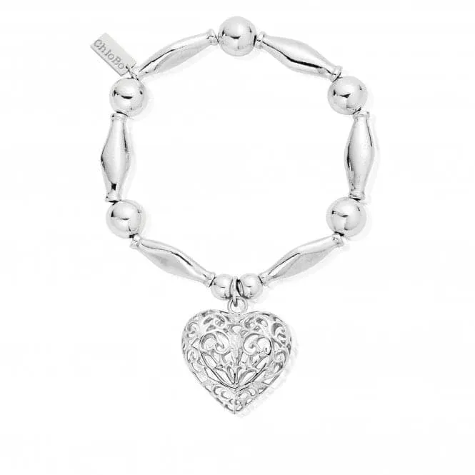 ChloBo Chunky Filigree Heart Bracelet with 925 Sterling Silver Beads & Heart Charm