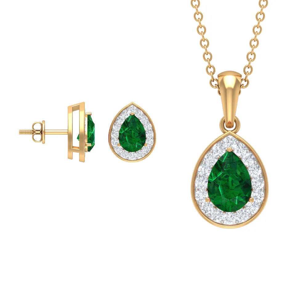 Classic Pear Shaped Created Emerald And Moissanite Teardrop Jewelry Set