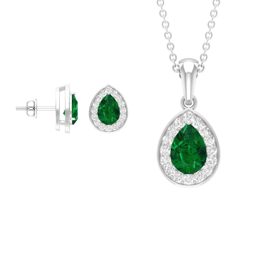 Classic Pear Shaped Created Emerald And Moissanite Teardrop Jewelry Set