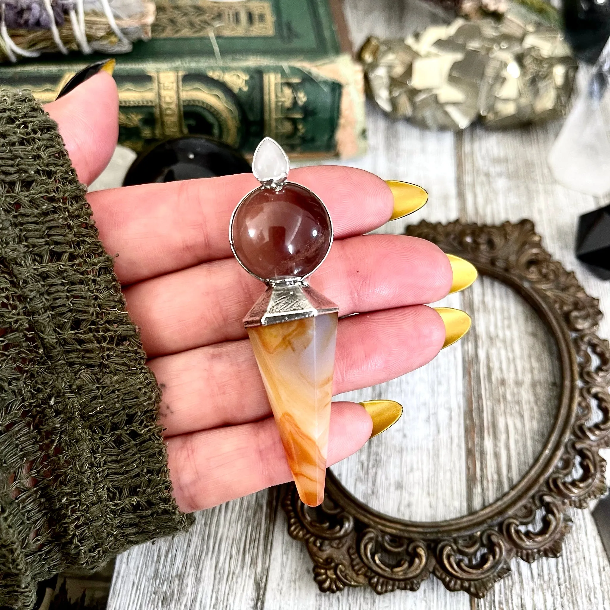 Clear Quartz Sphere Carnelian Pendulum Necklace Pendant in Fine Silver  / Foxlark Collection