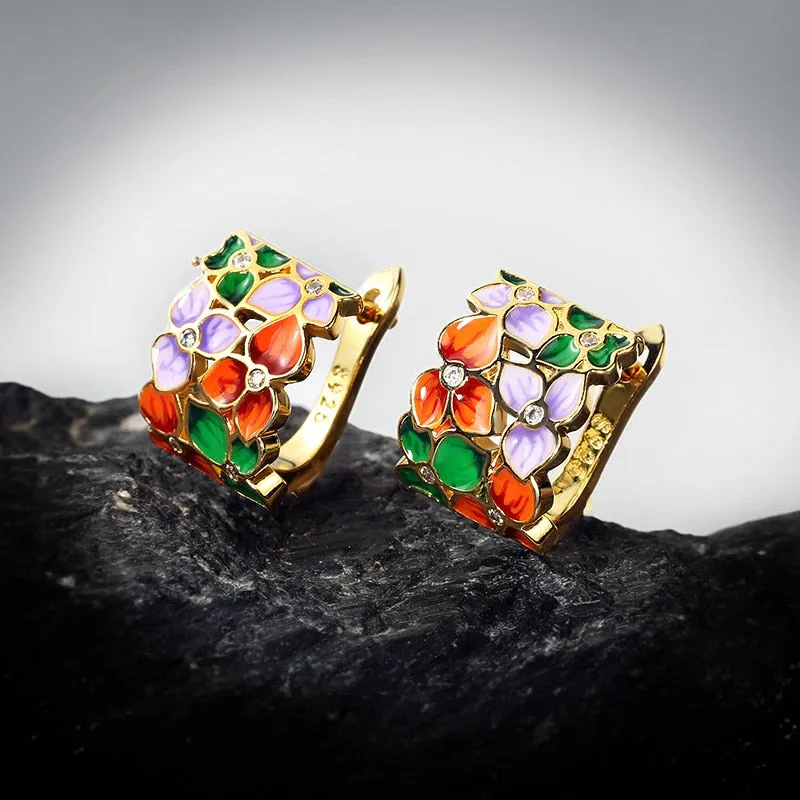 Colorful Flower Enamel Hoop Earrings for Women with Zircon in 925 Sterling Silver