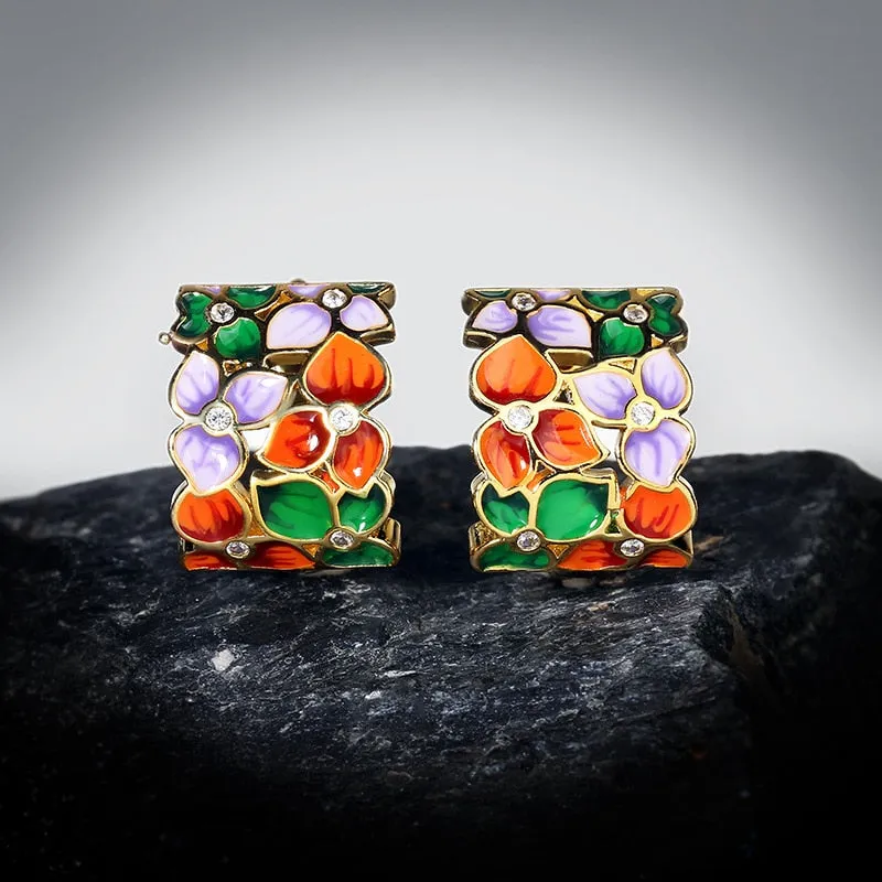 Colorful Flower Enamel Hoop Earrings for Women with Zircon in 925 Sterling Silver