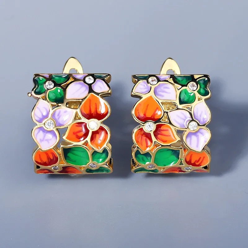 Colorful Flower Enamel Hoop Earrings for Women with Zircon in 925 Sterling Silver