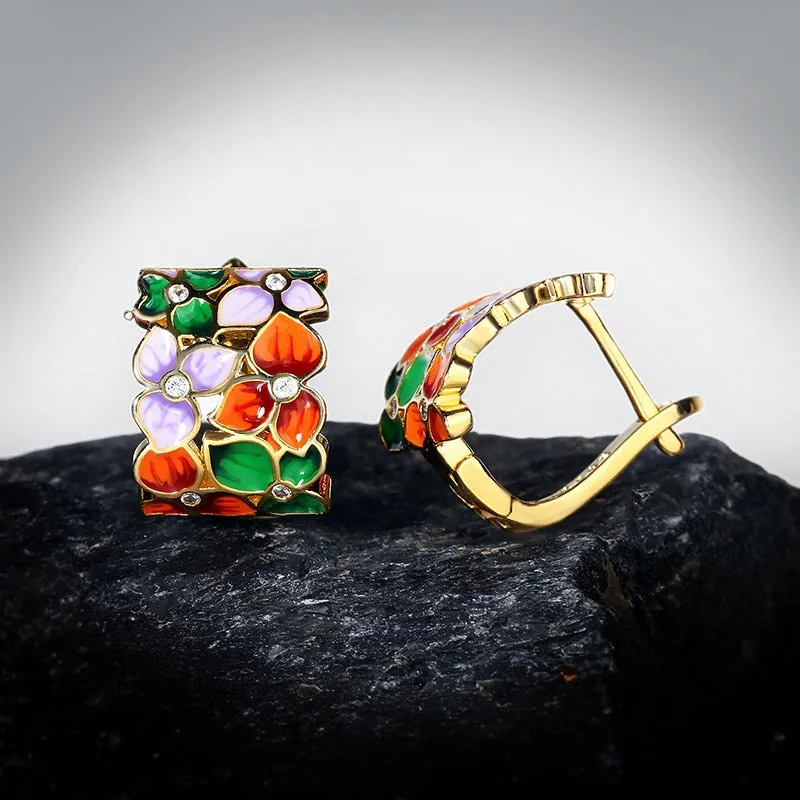 Colorful Flower Enamel Hoop Earrings for Women with Zircon in 925 Sterling Silver