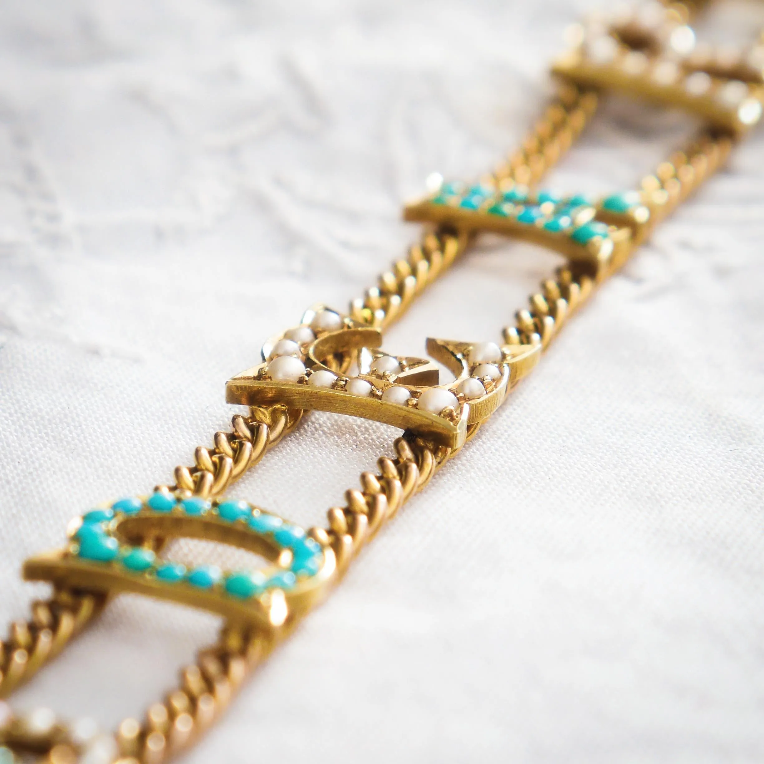 Coveted 15ct Gold Turquoise & Pearl 'DEAREST' Bracelet