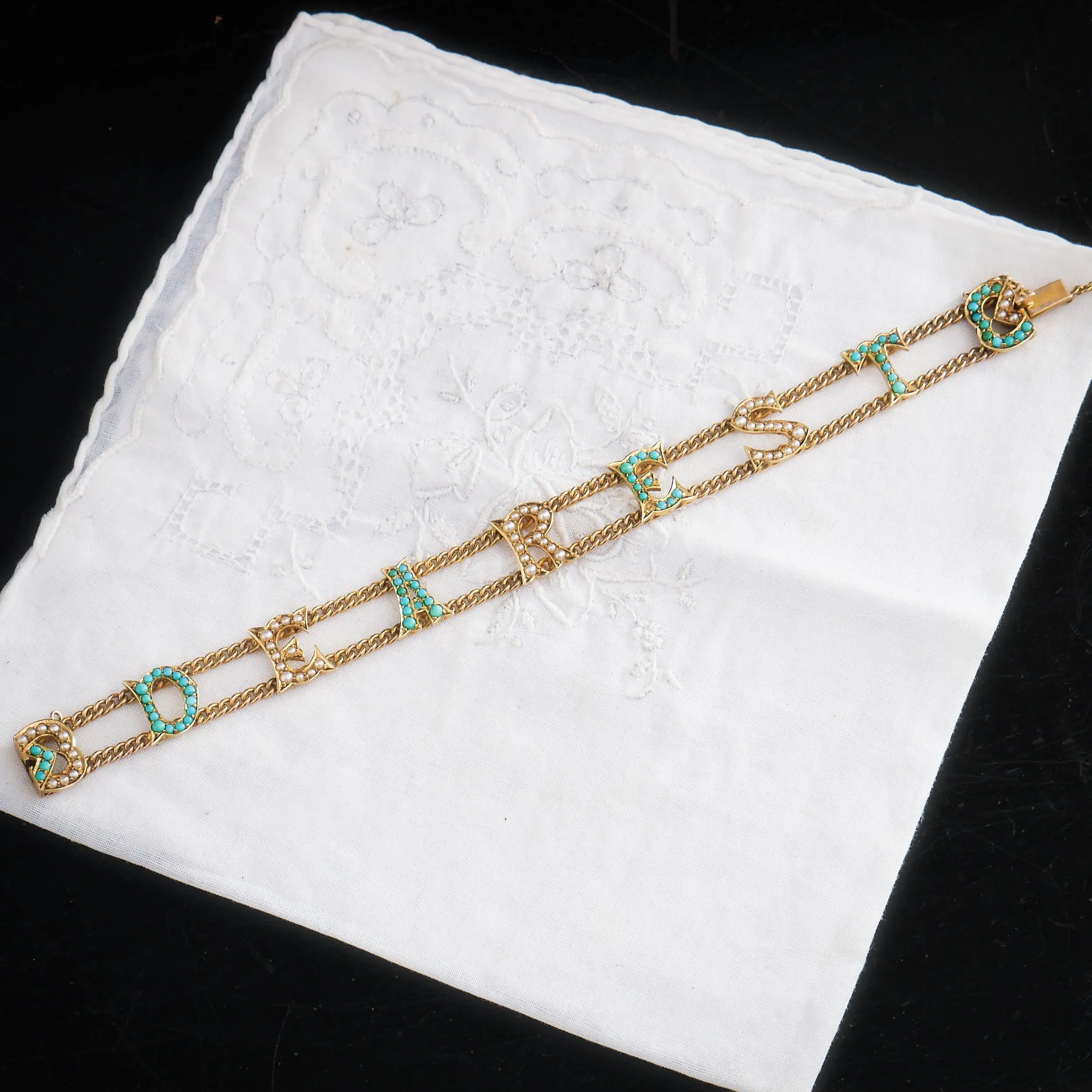 Coveted 15ct Gold Turquoise & Pearl 'DEAREST' Bracelet