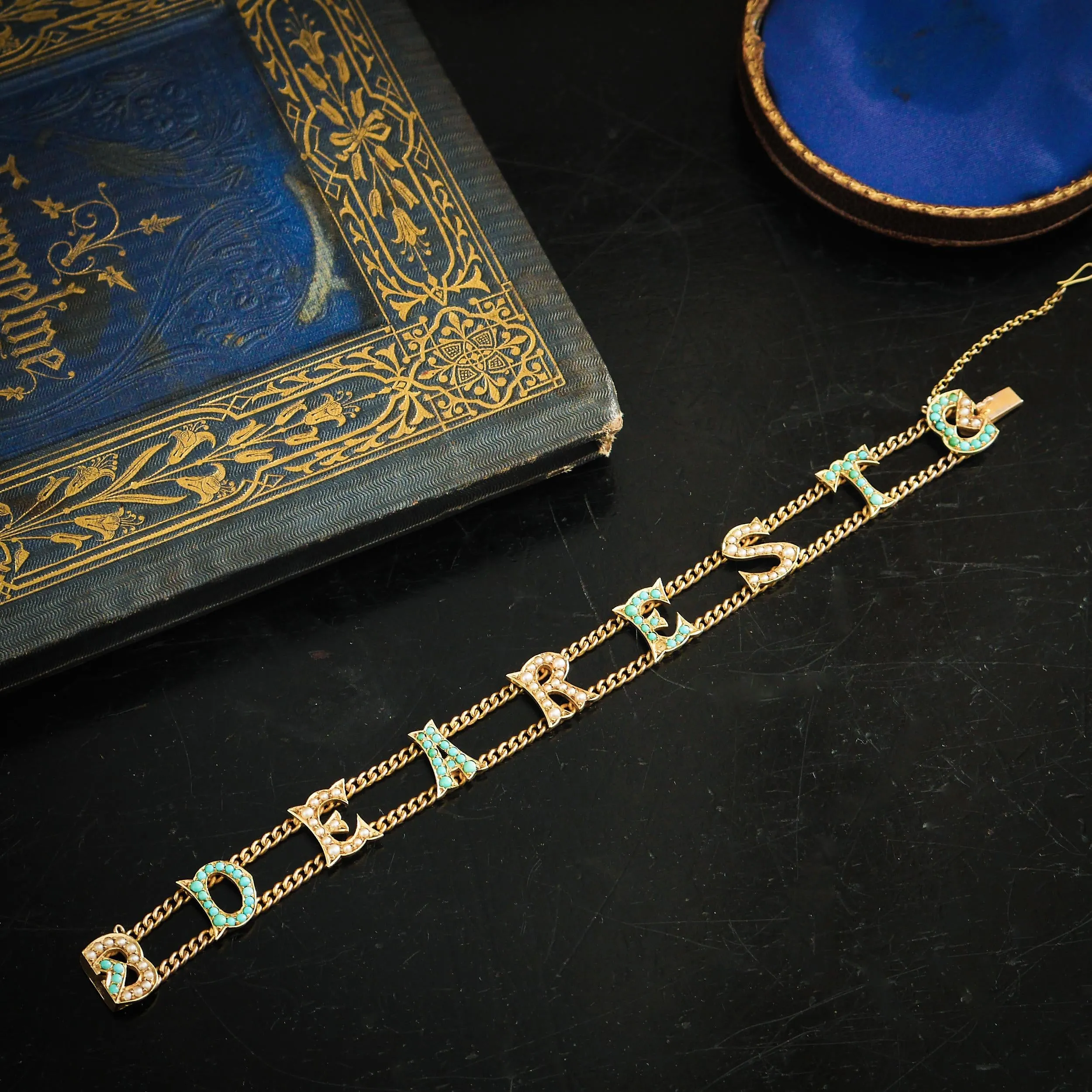 Coveted 15ct Gold Turquoise & Pearl 'DEAREST' Bracelet