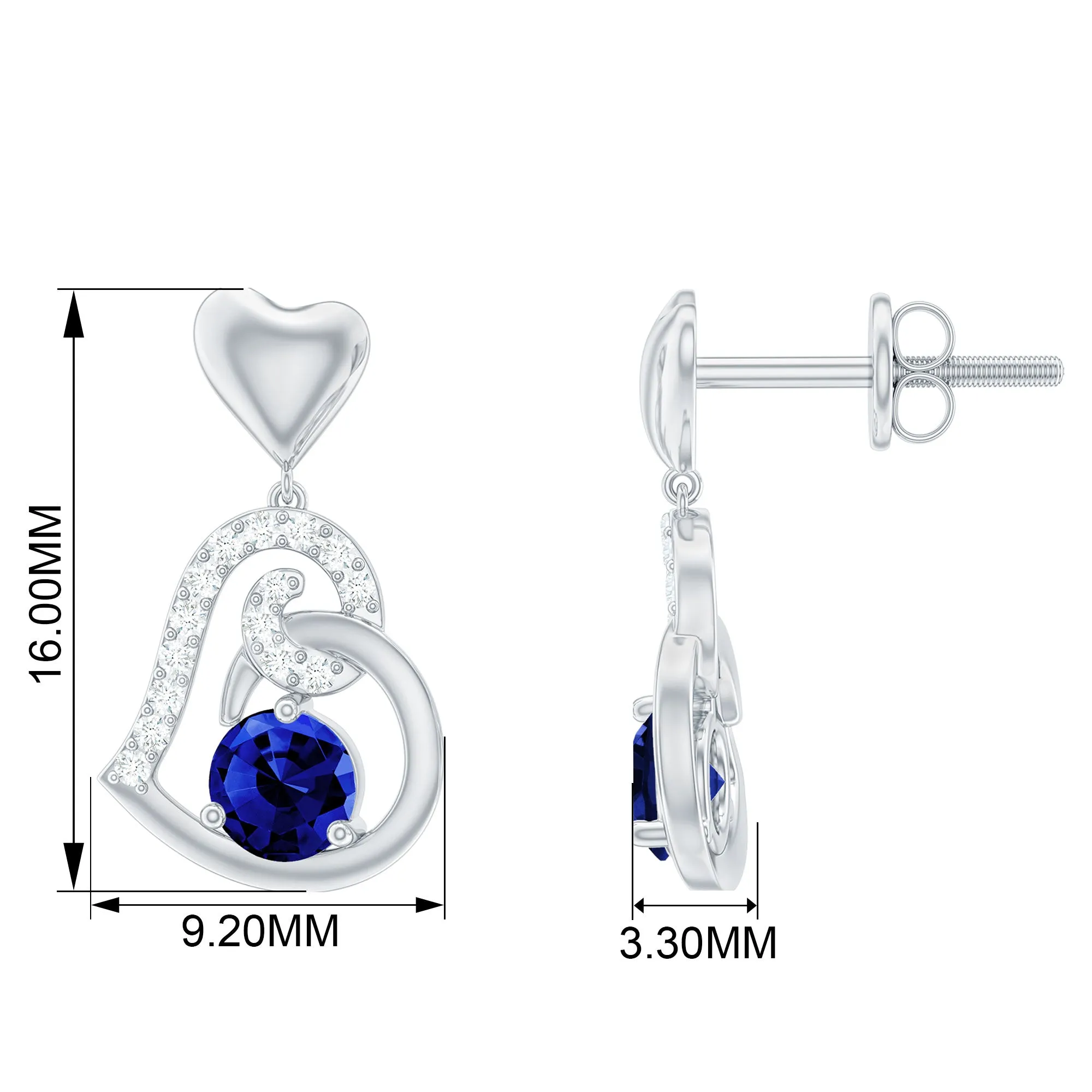 Created Blue Sapphire and Diamond Heart Drop Earrings