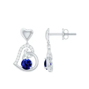 Created Blue Sapphire and Diamond Heart Drop Earrings