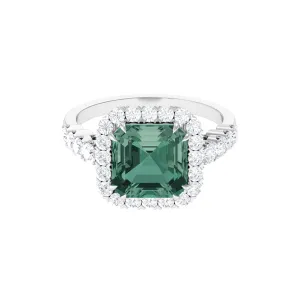 Created Green Sapphire Halo Engagement Ring with Moissanite