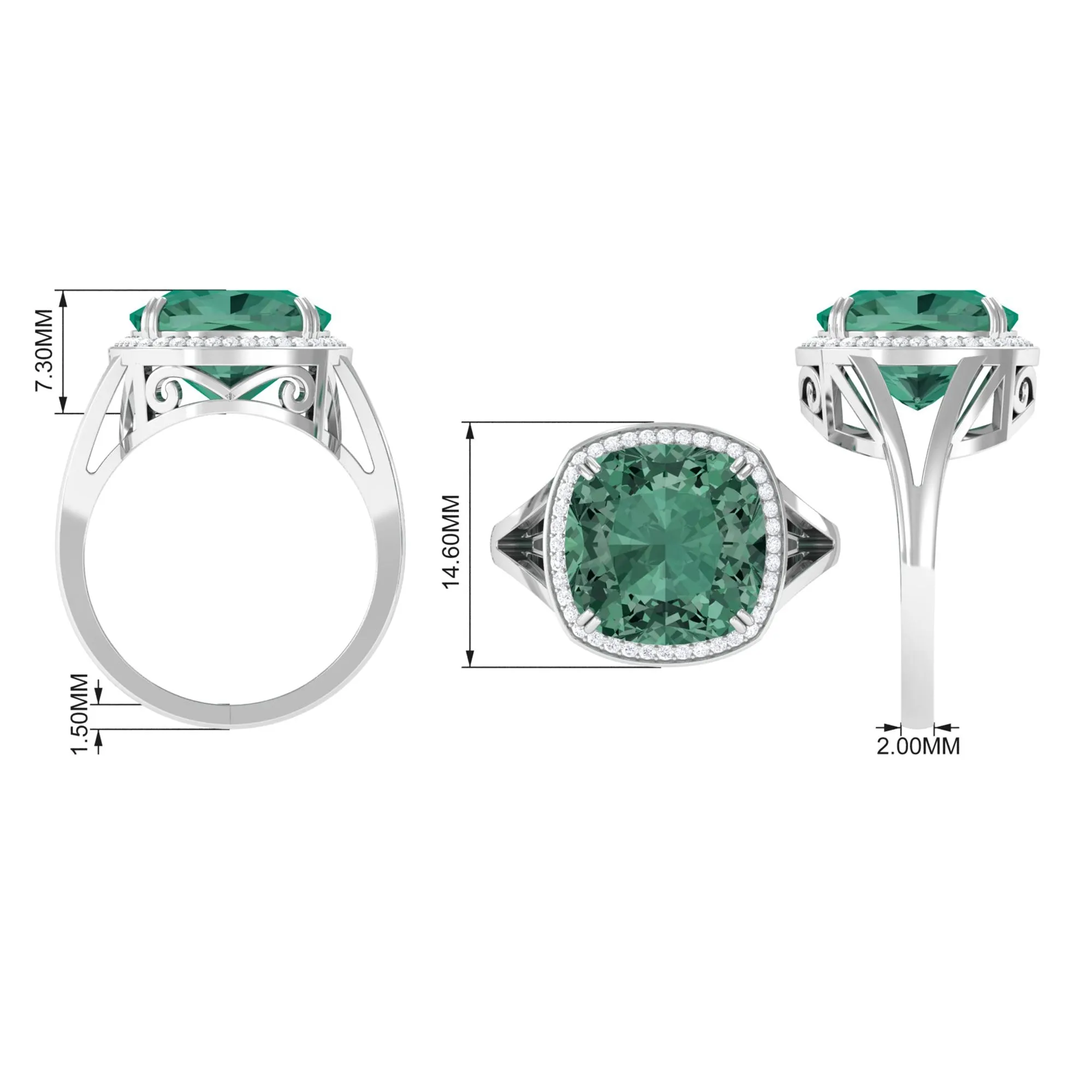 Cushion Cut Lab Grown Green Sapphire Engagement Ring with Moissanite