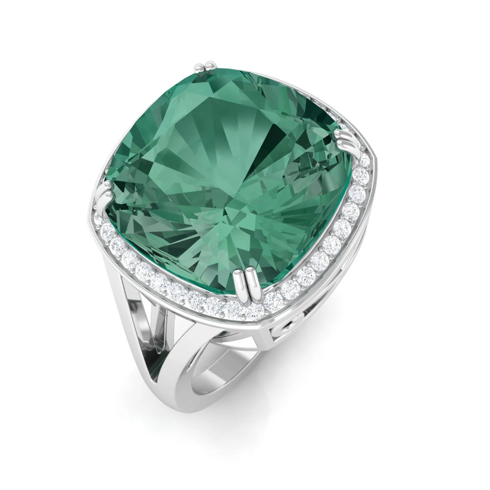 Cushion Cut Lab Grown Green Sapphire Engagement Ring with Moissanite