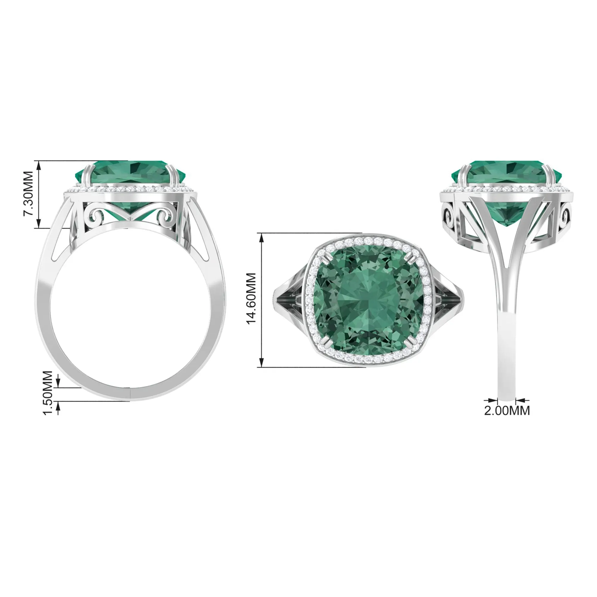 Cushion Cut Lab Grown Green Sapphire Engagement Ring with Moissanite