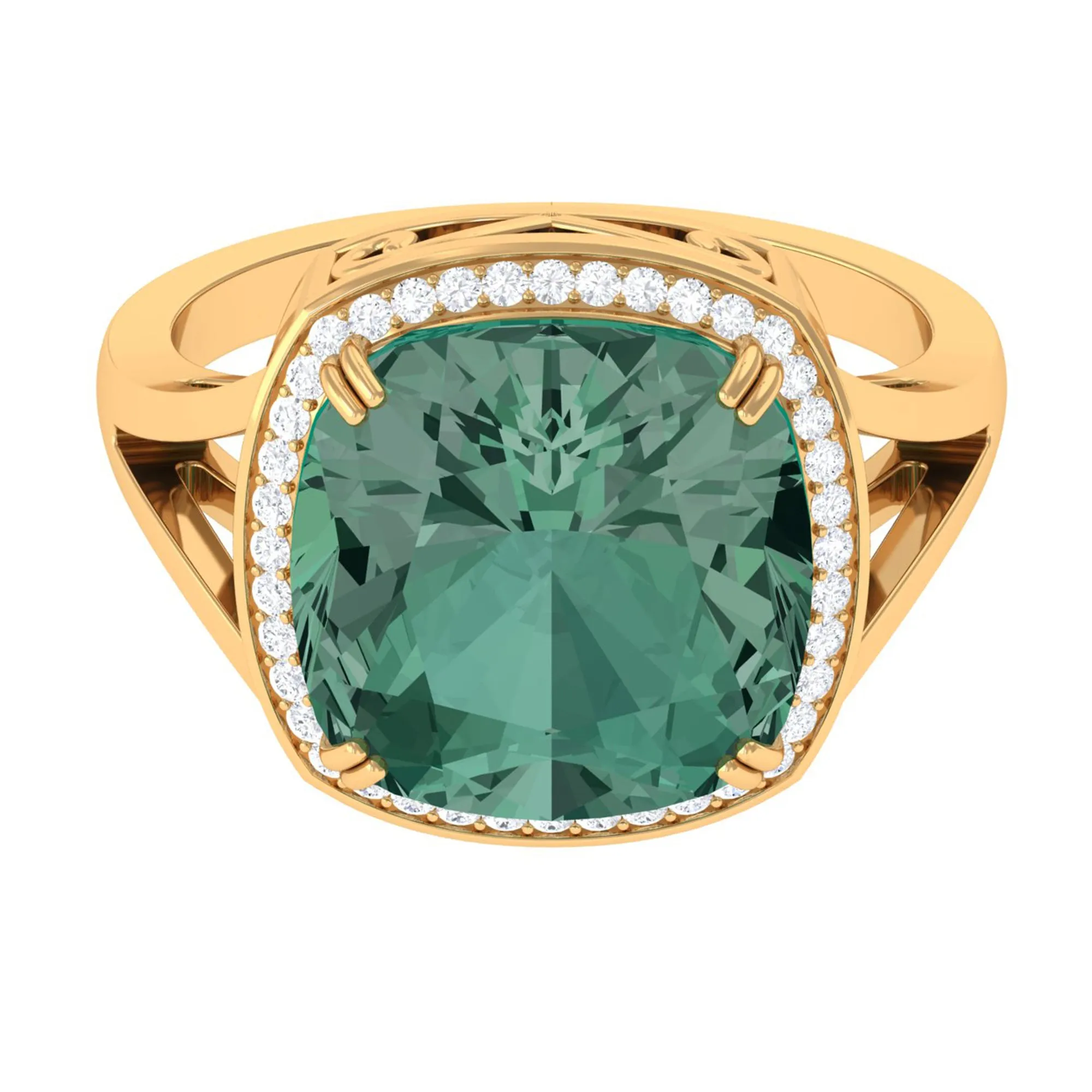 Cushion Cut Lab Grown Green Sapphire Engagement Ring with Moissanite