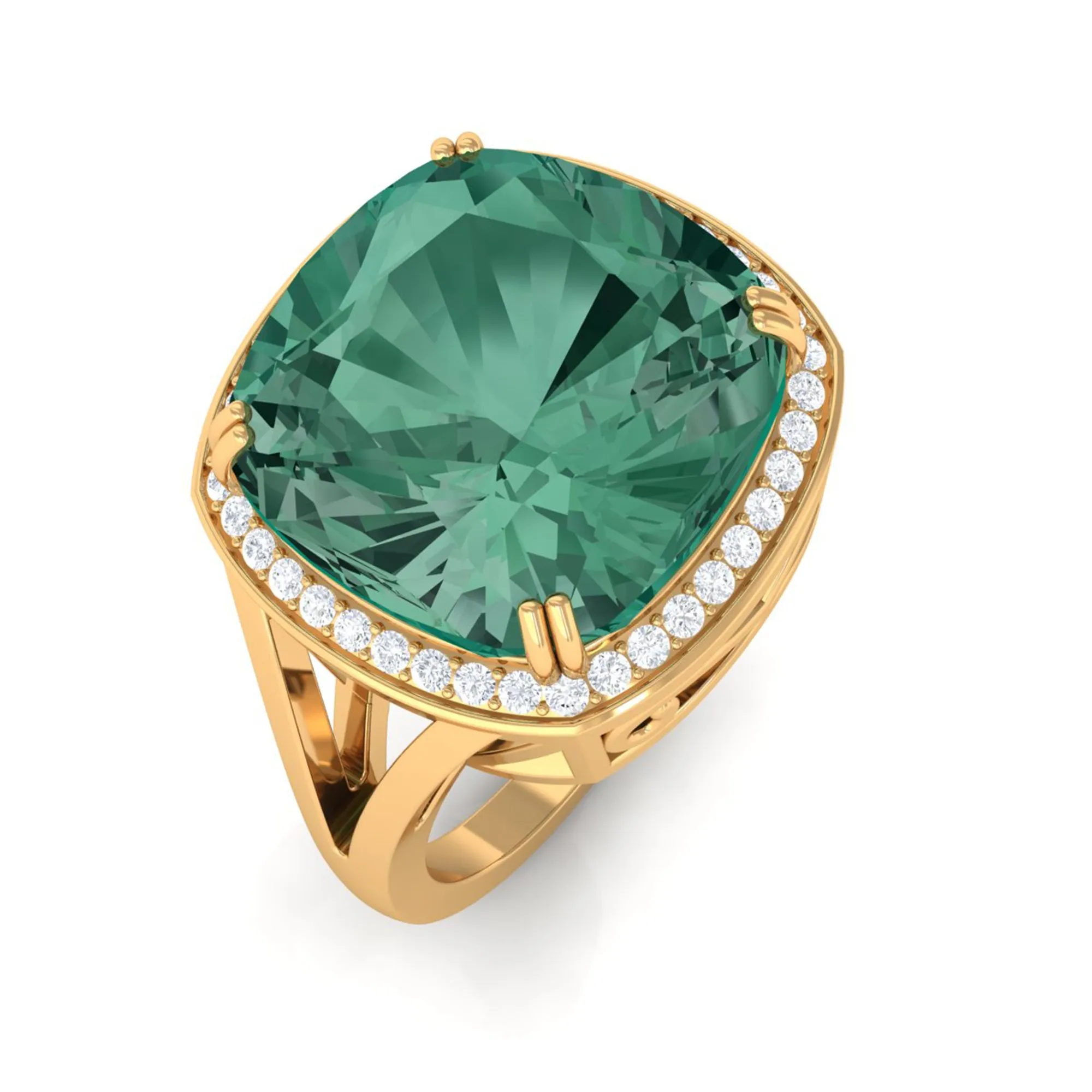 Cushion Cut Lab Grown Green Sapphire Engagement Ring with Moissanite